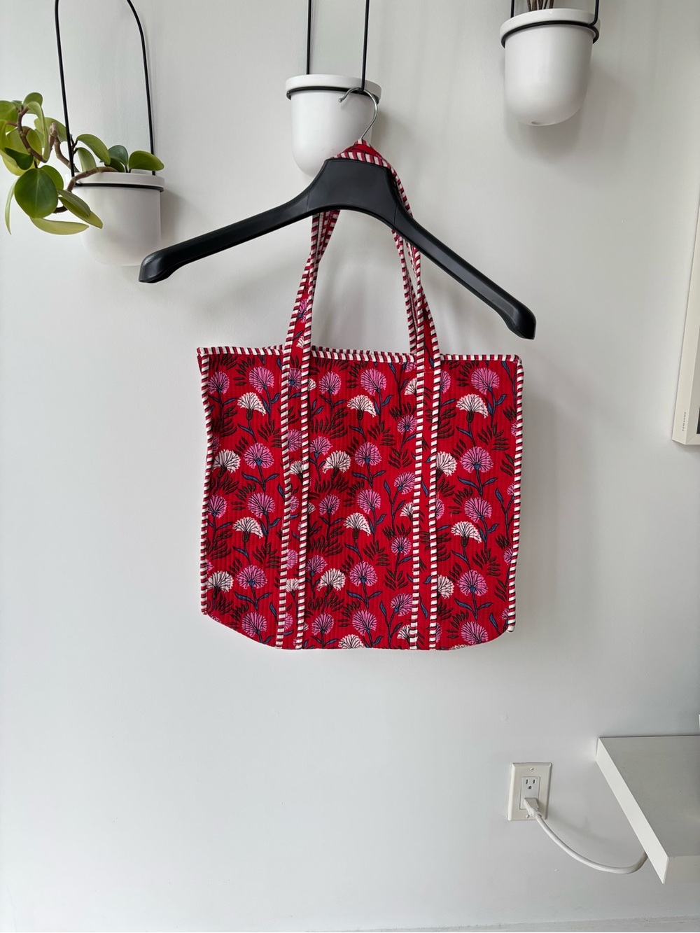 Red Floral cotton Tote Bag - Lightweight Everyday Carry, reversible